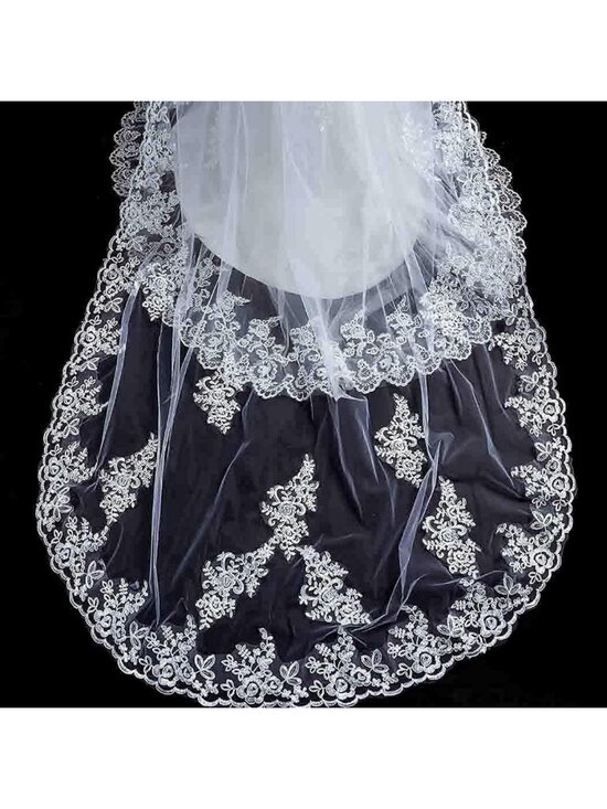 Long Bridal Lace Cathedral Wedding Veil with Comb - Floral Tulle Hair Accessory